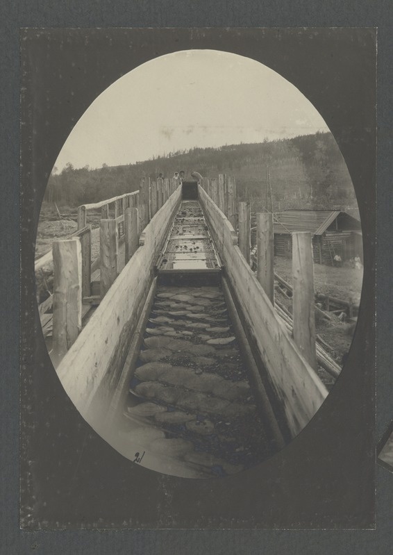 foto albumis, kulla välja pesemine, põhietapp (vesi ja kullaliiv on suunatud üles pikka kanalisse) 1912 foto Anna Kukk, Amuuri oblast, Zeja