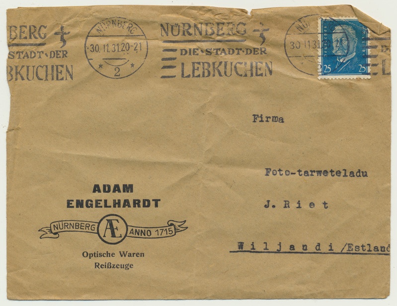 kirjaümbrik, mark, tempel Nürnberg 30.11.31, A.Engelhardt,  Viljandi 03.12.1931 J.Riet