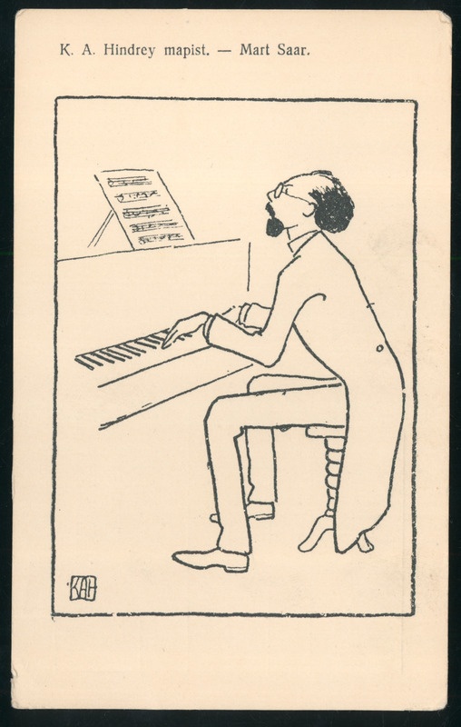 postkaart, sarž Mart Saar klaverit mängimas, K. A. Hindrey mapist, u 1935?