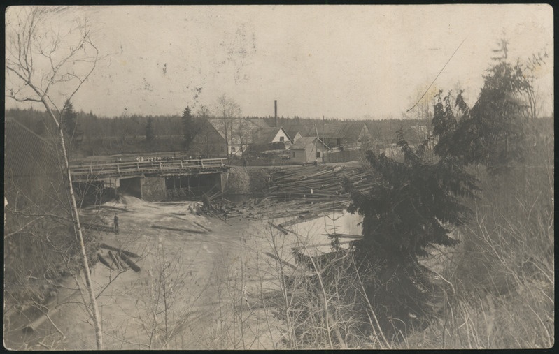 fotopostkaart, Kõpu khk, Vanaveski, veski, sild, jõgi, palgid, u 1925