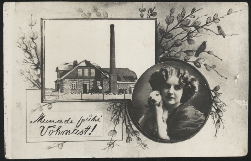 fotopostkaart, Pilistvere khk, Võhma meierei, noor naine, koer, u 1919?, foto E. Kalm