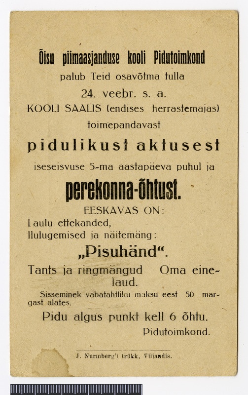 kutse, Paistu khk, Õisu, perekonnaõhtu EW 5. aastapäeva puhul Õisu kool'i saa'lis, 1923