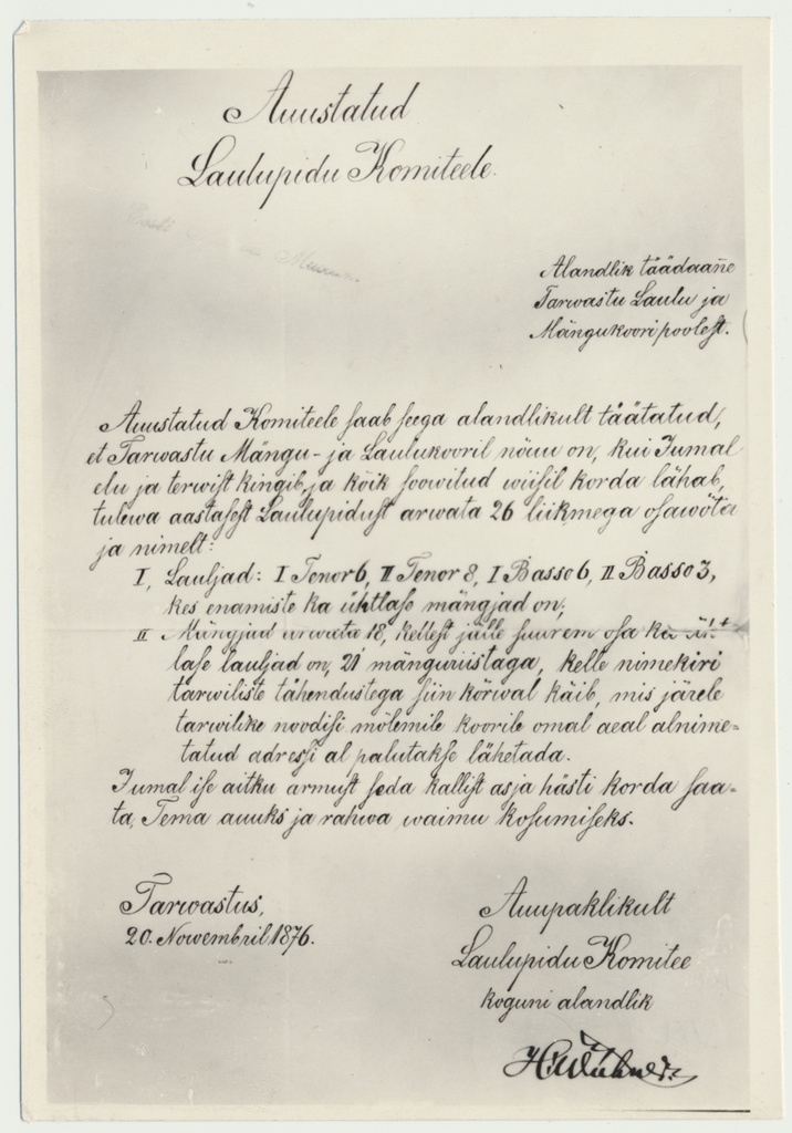 foto Tarvastu Muusikakoori kiri Laulupidu komiteele 1872, kirjutas H.Wühner