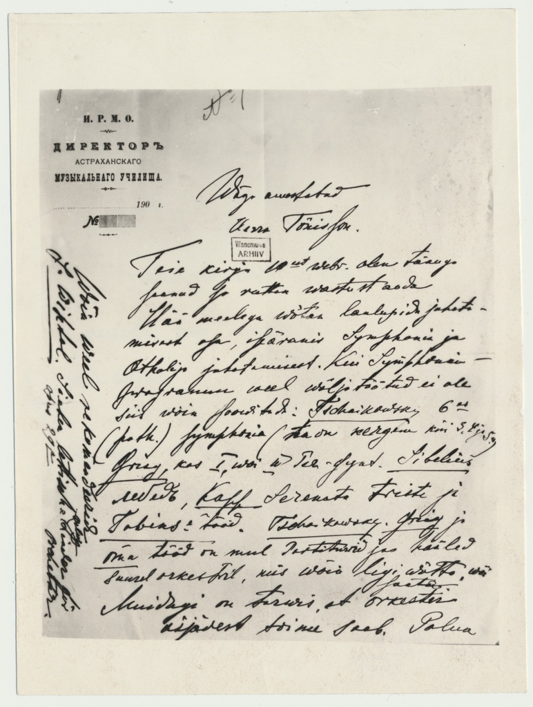 foto A.Kapp'i kiri hr. Tõnisson'ile 1909 (seoses Tartu Muusikapäev'aga)
