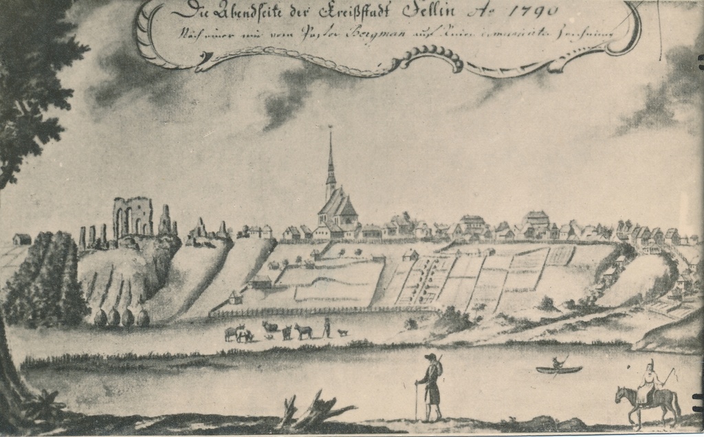 foto gravüürist, Viljandi, vaade linnale järve vastaskaldalt 1790
