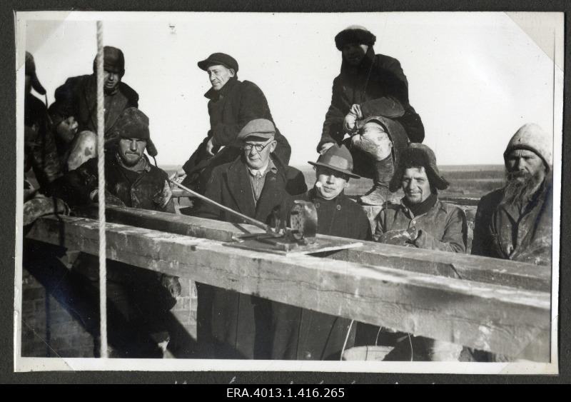 Engineers and employees at the top of the Kehra Cellulose Factory, checking the construction of the staircase