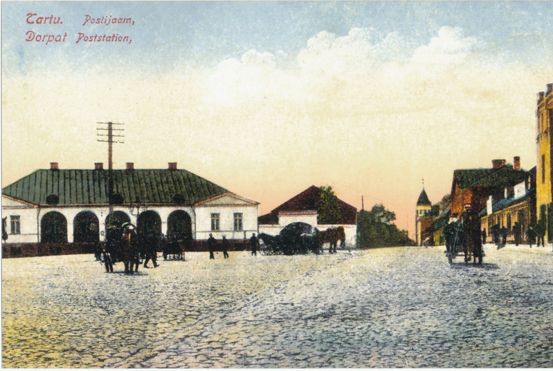Värviline trükipostkaart Tartu postijaamaga