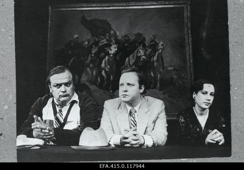 The scene from Majakovsky's play "Saun" L. Koidula nim. Pärnu Drama Theatre. Ivan Ivanovič - Peeter Kard, Pobedonossikov - Mihkel Smeljanski, Mezaljansova - Juta Tints.