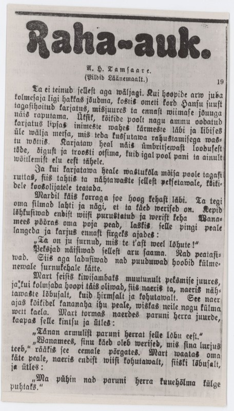 Lehekülg A.H.Tammsaare jutust "Rahaauk"