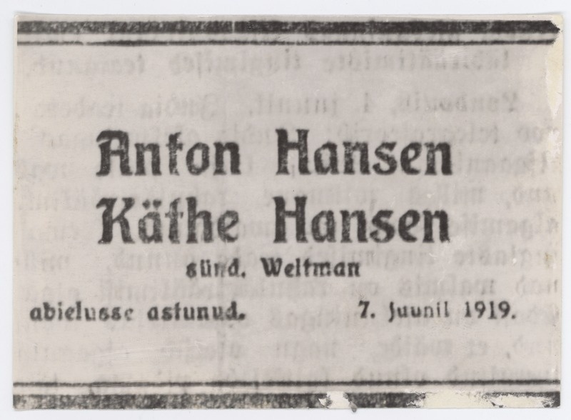 A.Hanseni ja K.Hanseni (sünd.Weltman) abiellumise teade