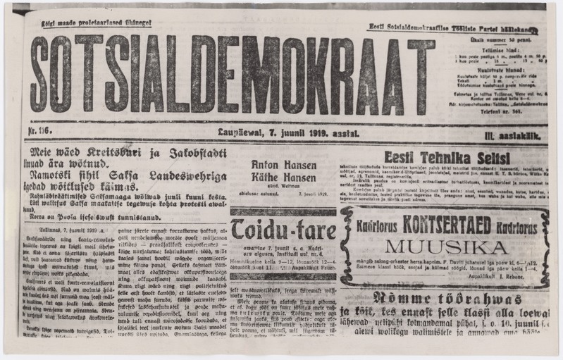 Sotsiaaldemokraat nr. 116, 7 juuni 1919.a.