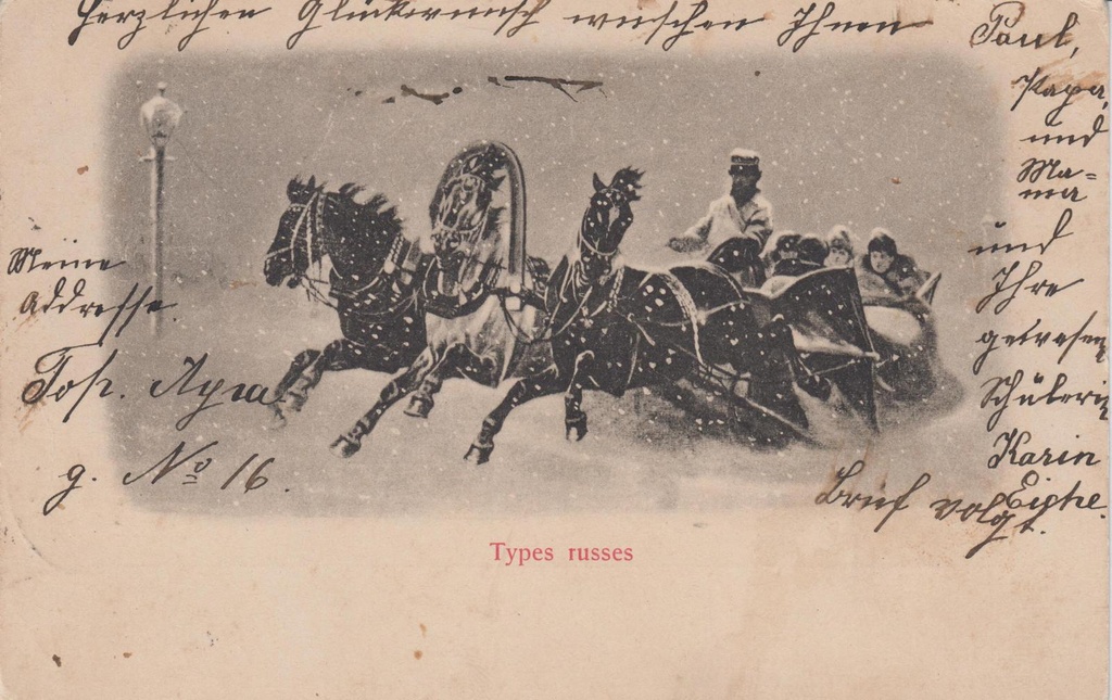 Mustvalge postkaart troikaga.