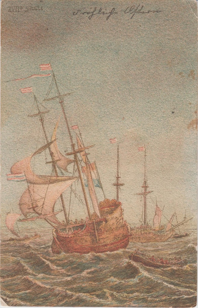 Värviline postkaart purjelaevadega tormisel merel.