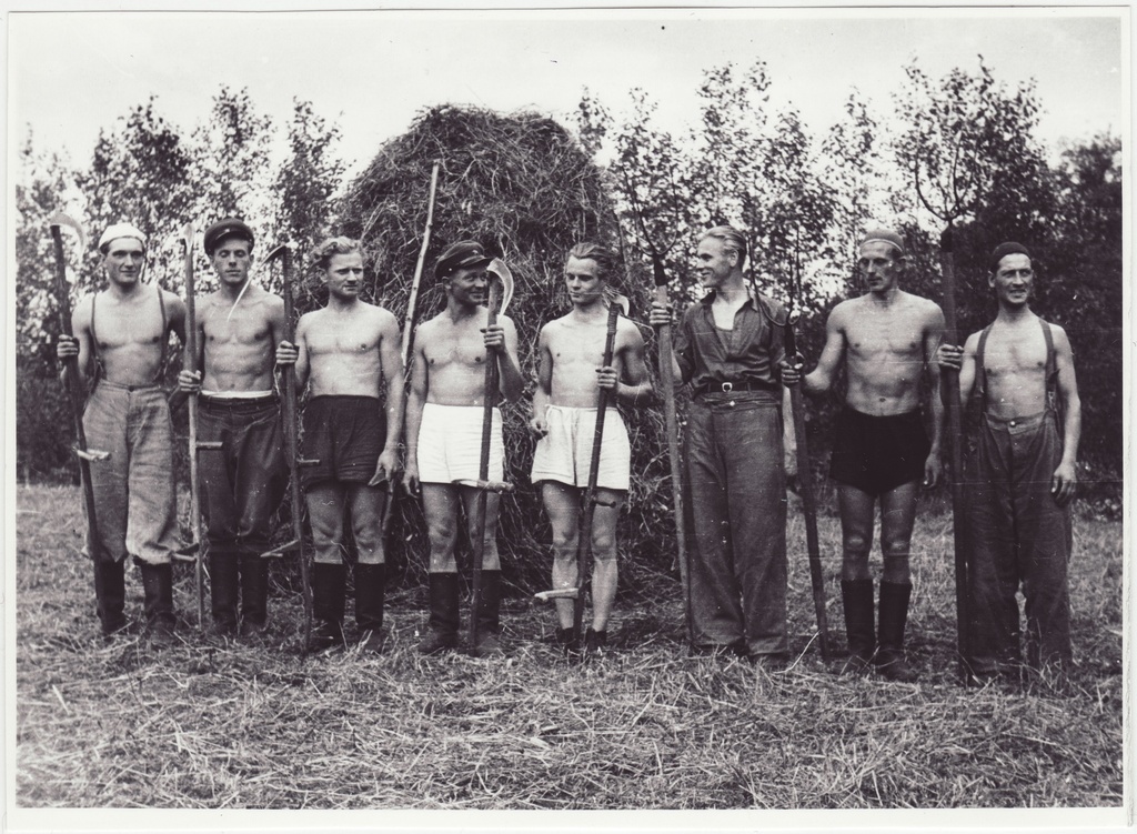 Tuletõrjekool Lihula rajooni Lembitu kolhoosi abistamas:  kaerapõllul töötanud kursandid, 1950.a.
