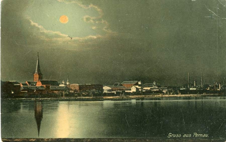 Printing card, colored. Night view of the river Pärnu, port and city centre.