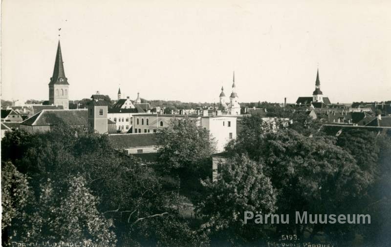 A photo postcard, a view to Pärnu's heart city, a picture of a looce tower on the valley.
