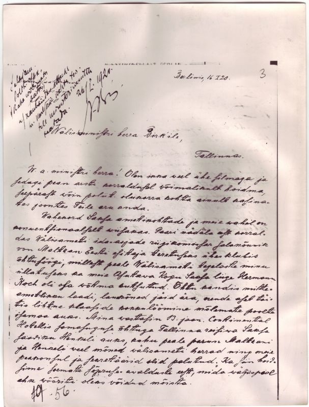 Ed. Vilde kiri Eesti välisministrile