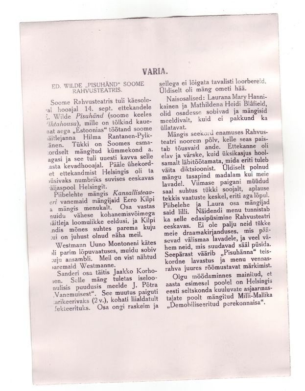 Ed. Vilde "Pisuhänd" Soome Rahvusteatris