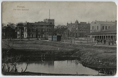 Railway station in the centre of Pärnu - behind Captain Klein's house and hotel "Bristol" on Rüütli Street  duplicate photo