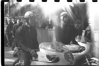 Kalevi Suursõit on the Pirita-Kose-Kloostrimetsa circular track. Motorcycles prepare for the start. 1969 Kalev Suursõit. No. 3 Ants Kalam, next to him Endel Kiisa  similar photo