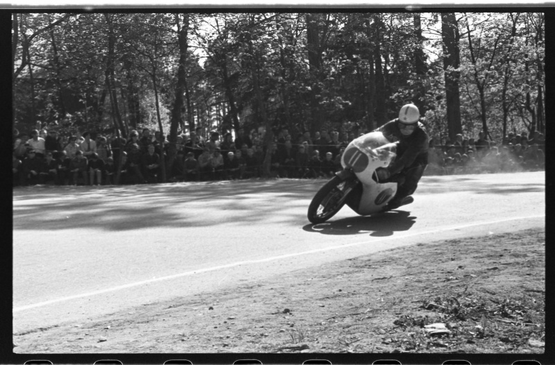 Kalevi Suursõit on the Pirita-Kose-Kloostrimetsa circular track. Motorcycle on the track. 1969 Kalev Suursõit. Boris Judin, Moscow AKSK.