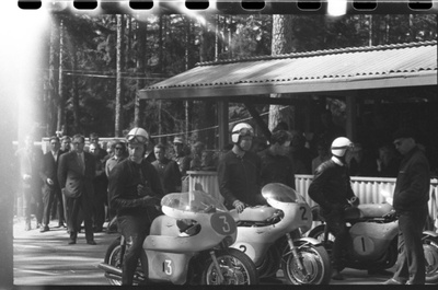 Kalevi Suursõit on the Pirita-Kose-Kloostrimetsa circular track. Motorcycles prepare for the start. 1969 Kalev Suursõit. No. 3 Ants Kalam, no. 2 Endel Kiisa, no. 1 Jüri Randla  similar photo