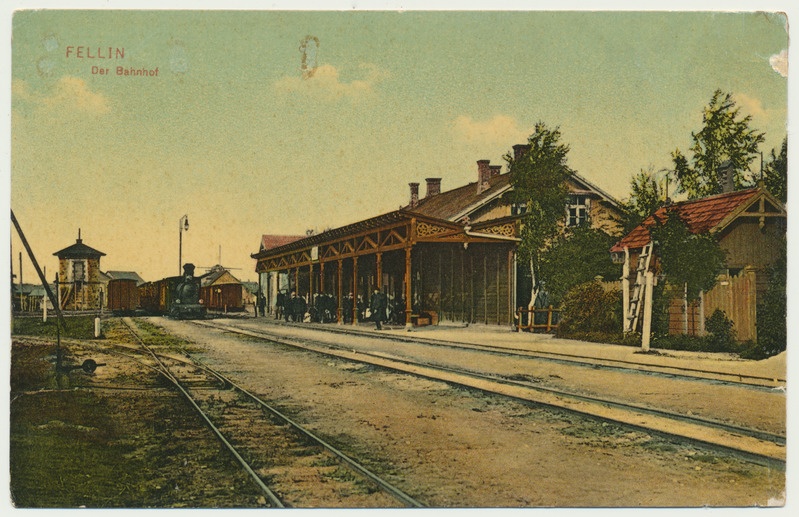 koloreeritud trükipostkaart, Viljandi, raudteejaam, u 1910, kirjastaja E. Ring