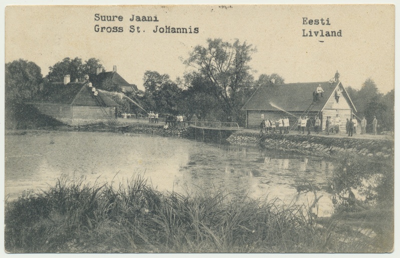 trükipostkaart, Viljandimaa, Suure-Jaani, tuletõrje õppus, järv, veski, u 1908, kirjastaja A. Mutli