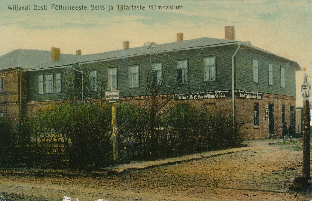 koloreeritud trükipostkaart, Viljandi Eesti Haridusseltsi koolimaja, Põllumeesteseltsiga, kirjastaja E. Ring, u 1910