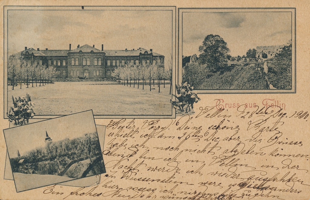 trükipostkaart, 3 vaadet Viljandist (maagümnaasium, Kaevumägi, Jaani kirik), 1900
