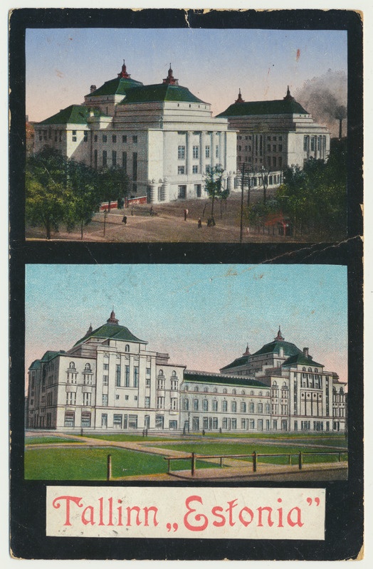 koloreeritud trükipostkaart, Tallinn, teater Estonia, 2 vaadet, u 1914, kirjastus Ploompuu
