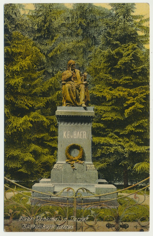 värviline trükipostkaart, Tartu, K.E. von Baeri ausammas, u 1905