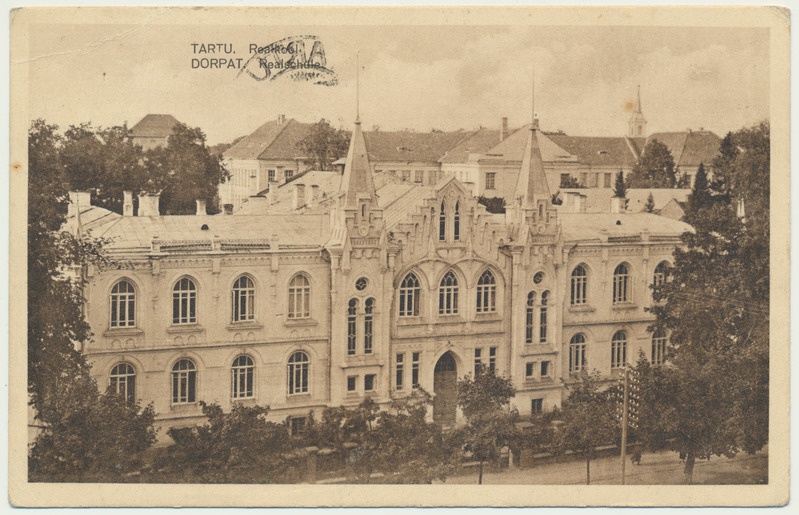 värviline trükipostkaart, Tartu, Riia mnt, Reaalkool, u 1923
