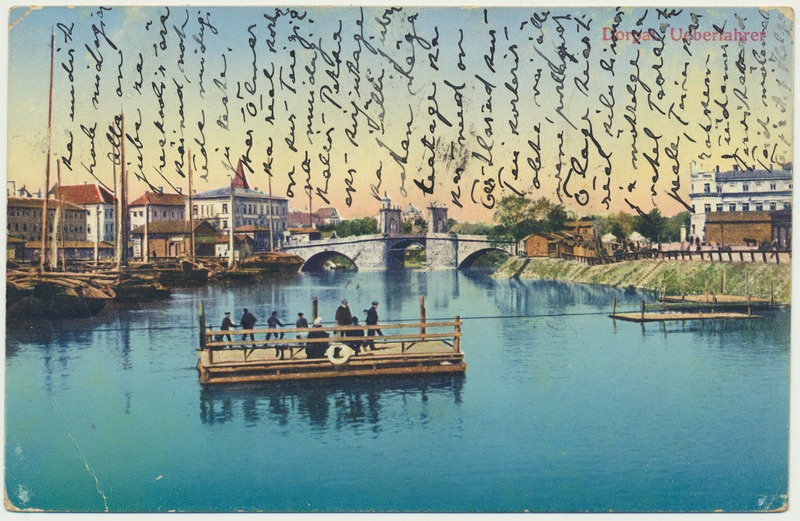 värviline trükipostkaart, Tartu, Emajõgi, üleveoparv, Kivisild, u 1910, kirjastaja J. Solba