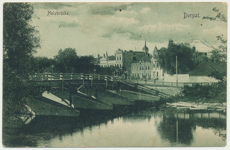 trükipostkaart, Tartu, Emajõgi, Puusild, hooned, u 1904