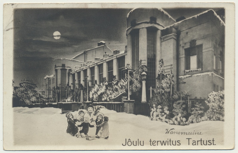 fotopostkaart, Tartu, teater Vanemuine, jõulukaart, foto J. Christin
