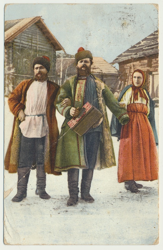 värviline trükipostkaart, Vene tüübid, 3 meest, 1 naine, u 1910