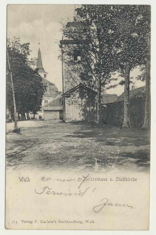 trükipostkaart, Valga, tuletõrjemaja, Jaani kirik, u 1905