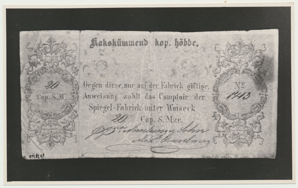 foto, Viljandi muuseum, kogu, Võisiku peeglivabriku koduraha