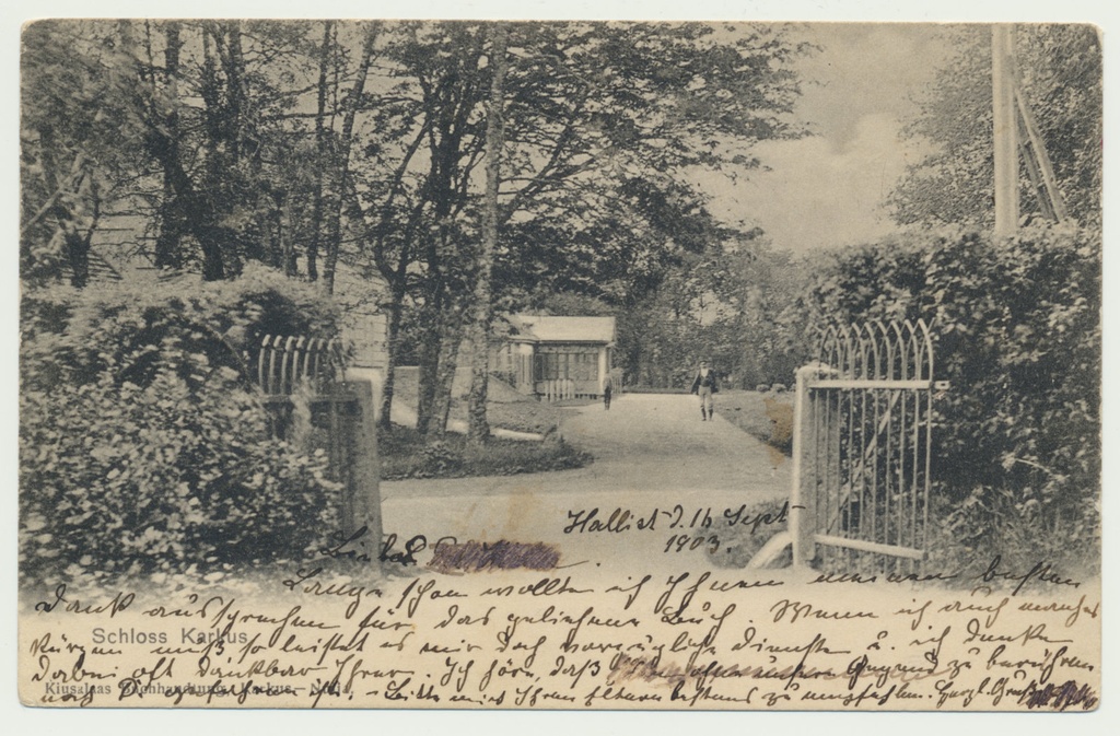 trükipostkaart, Viljandimaa, Karksi mõis, värav, õu, peahoone tuulekoda, u 1903