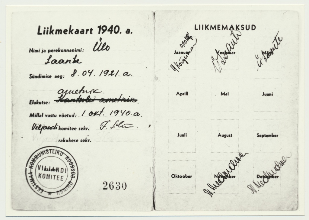 fotokoopia, Ü. Laante komsomoli pilet, sisu, 1940