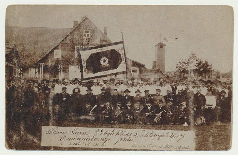 foto, Viljandimaa, Suure-Jaani Vabatahtliku Tuletõrje Seltsi lipu õnnistamine, grupp, 1906, foto J. Litter?