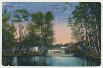 trükipostkaart, koloreeritud, Põltsamaa khk, Põltsamaa, jõgi, jalakäijate sild, 1910, kirjastaja Ploompuu  duplicate photo