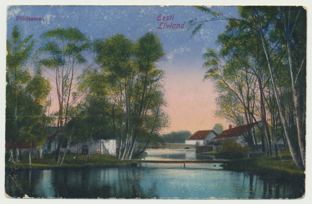 trükipostkaart, koloreeritud, Põltsamaa khk, Põltsamaa, jõgi, jalakäijate sild, 1910, kirjastaja Ploompuu