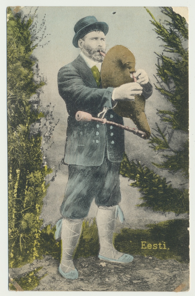 koloreeritud trükipostkaart, Eesti, torupillimängija, u 1910
