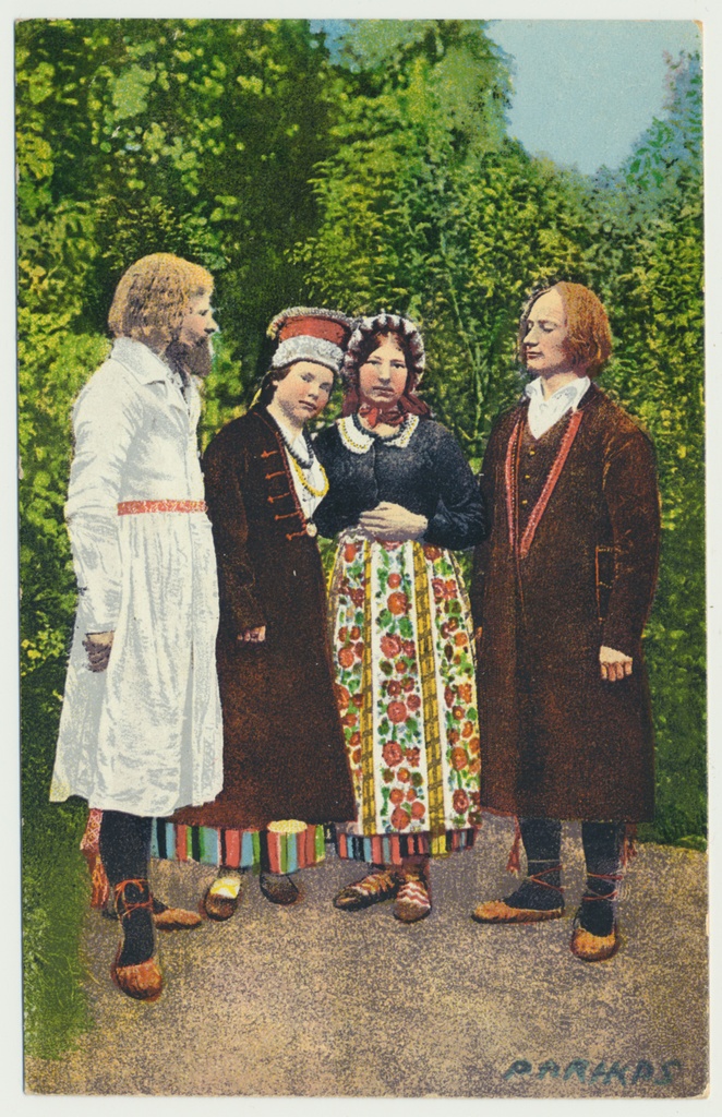 värviline trükipostkaart, rahvariided, Eesti, 2 meest, 2 naist