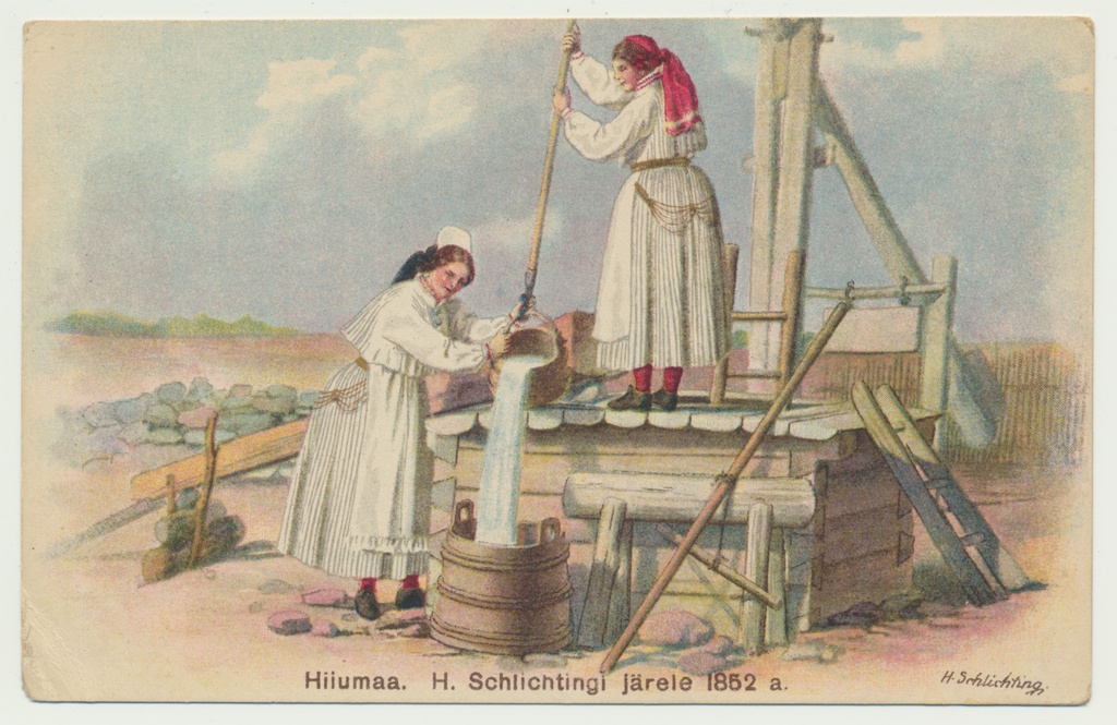 värviline trükipostkaart, rahvariided, Hiiumaa, 2 naist, kaevul, ERM-i pildikirjastus