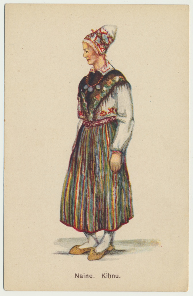 värviline trükipostkaart, rahvariided, Kihnu, naine, ERM-i pildikirjastus