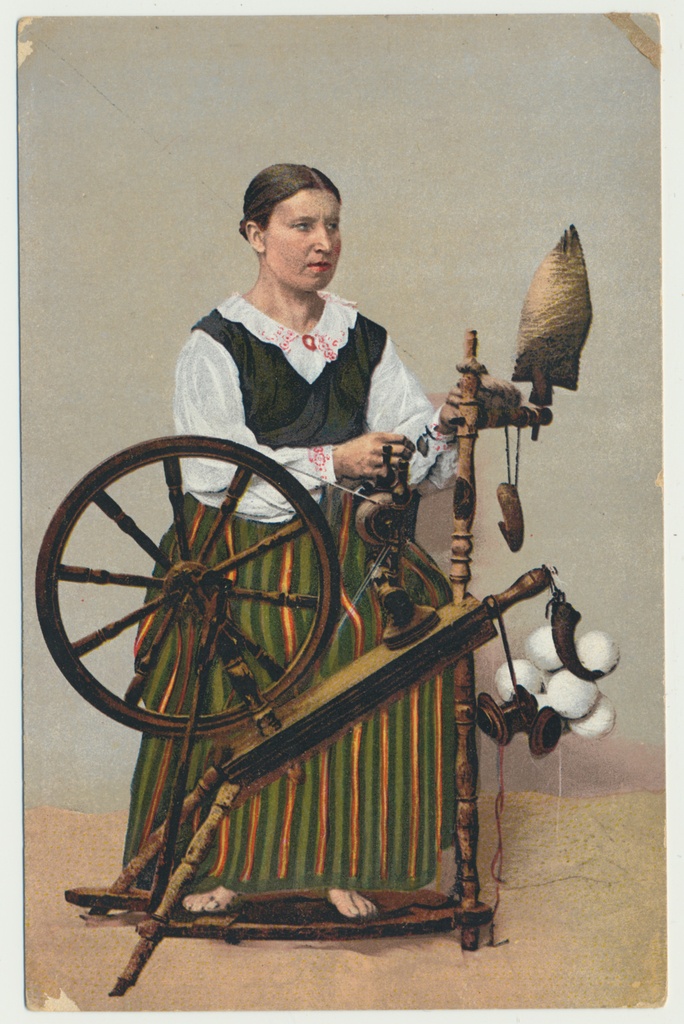 koloreeritud trükipostkaart, naine ketramas, u 1910