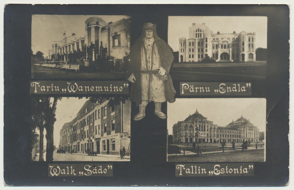 fotopostkaart, teatrihooned Vanemuine, Endla, Säde, Estonia, 1913